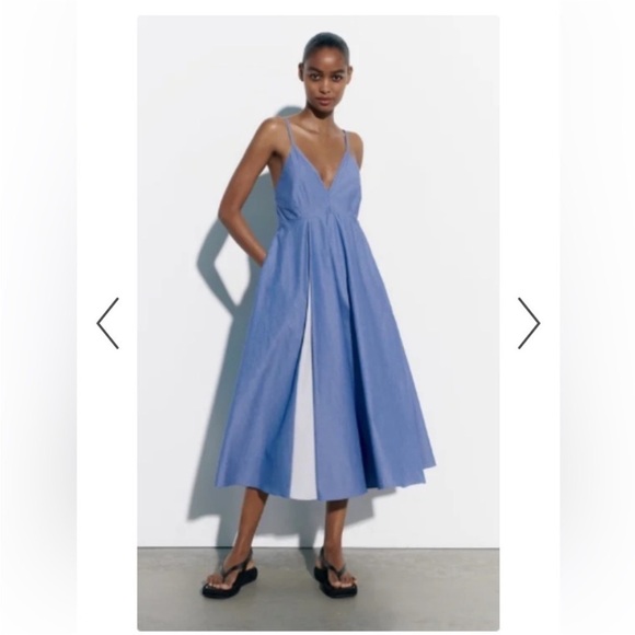 Zara Dresses & Skirts - Zara Poplin Pinstripe Blue Midi Dress Pockets Sz M
